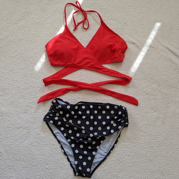Other - Bikini red top black & white polka dot bottoms